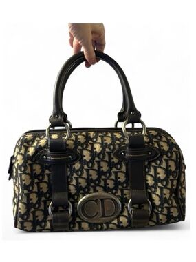 Trotter Oblique East/ West Boston Bag Vintage Y2K Navy Blue Cream & Brown